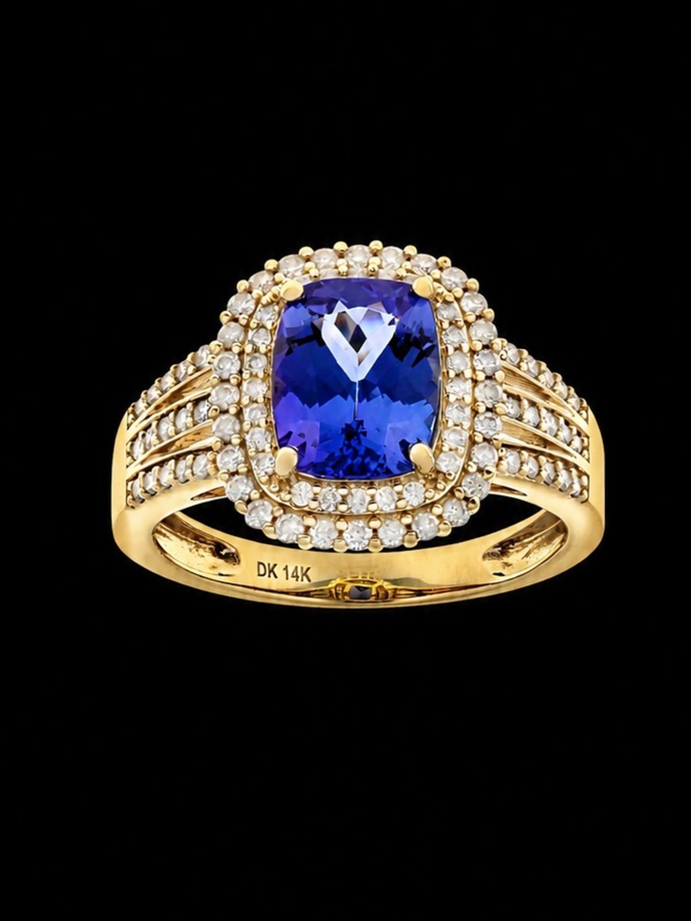 14k Yellow Gold 2.10ct Genuine Cushion Cut Tanzanite Diamond Cocktail Ring 6.5